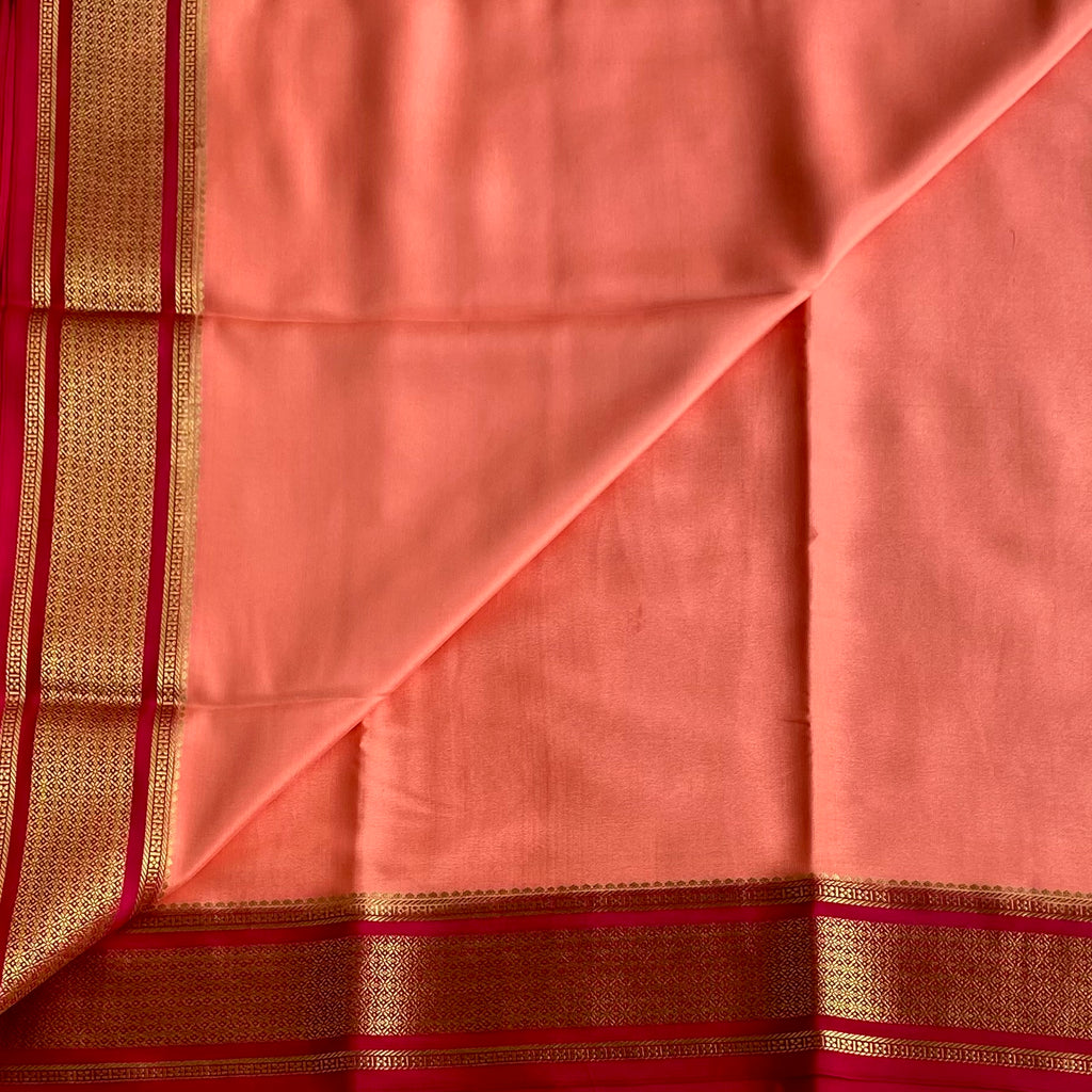 Sorbet Peach Mysore Crepe Silk Saree Rani Pink Gold Zari Border