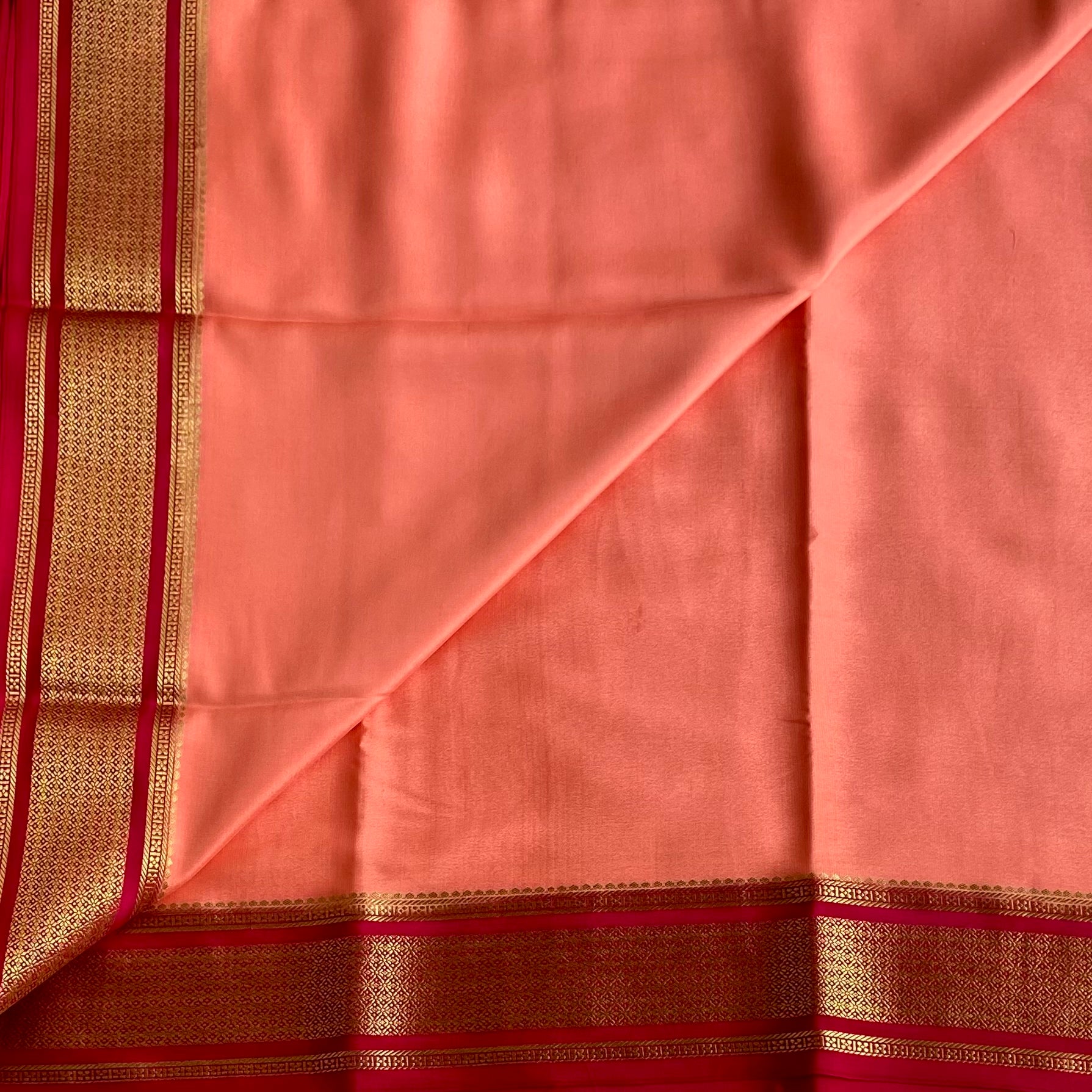 Sorbet Peach Mysore Crepe Silk Saree Rani Pink Gold Zari Border