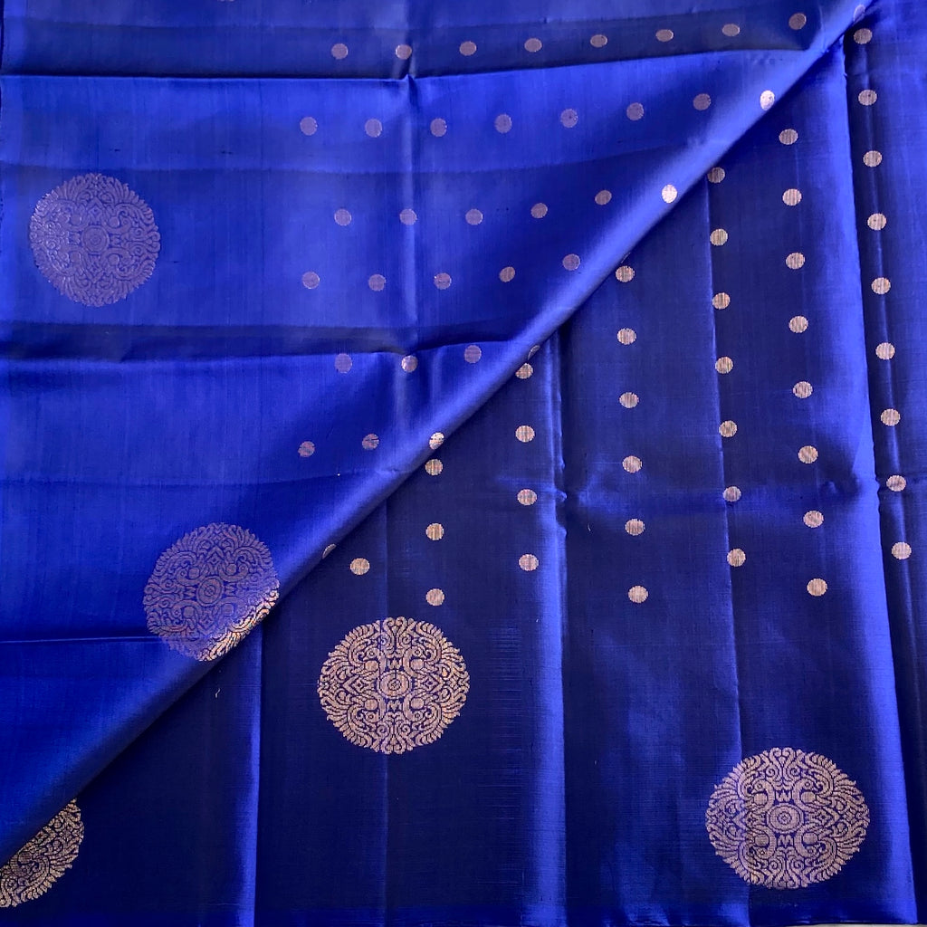 Royal Blue Designer Pure Silk Saree With Antique Gold Zari Panels