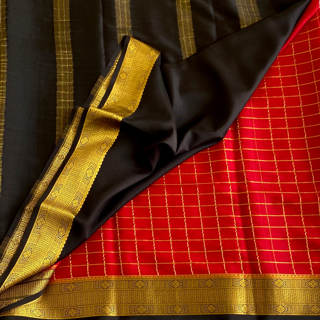Scarlet Red Mysore Crepe Silk Saree With Metallic Gold Border