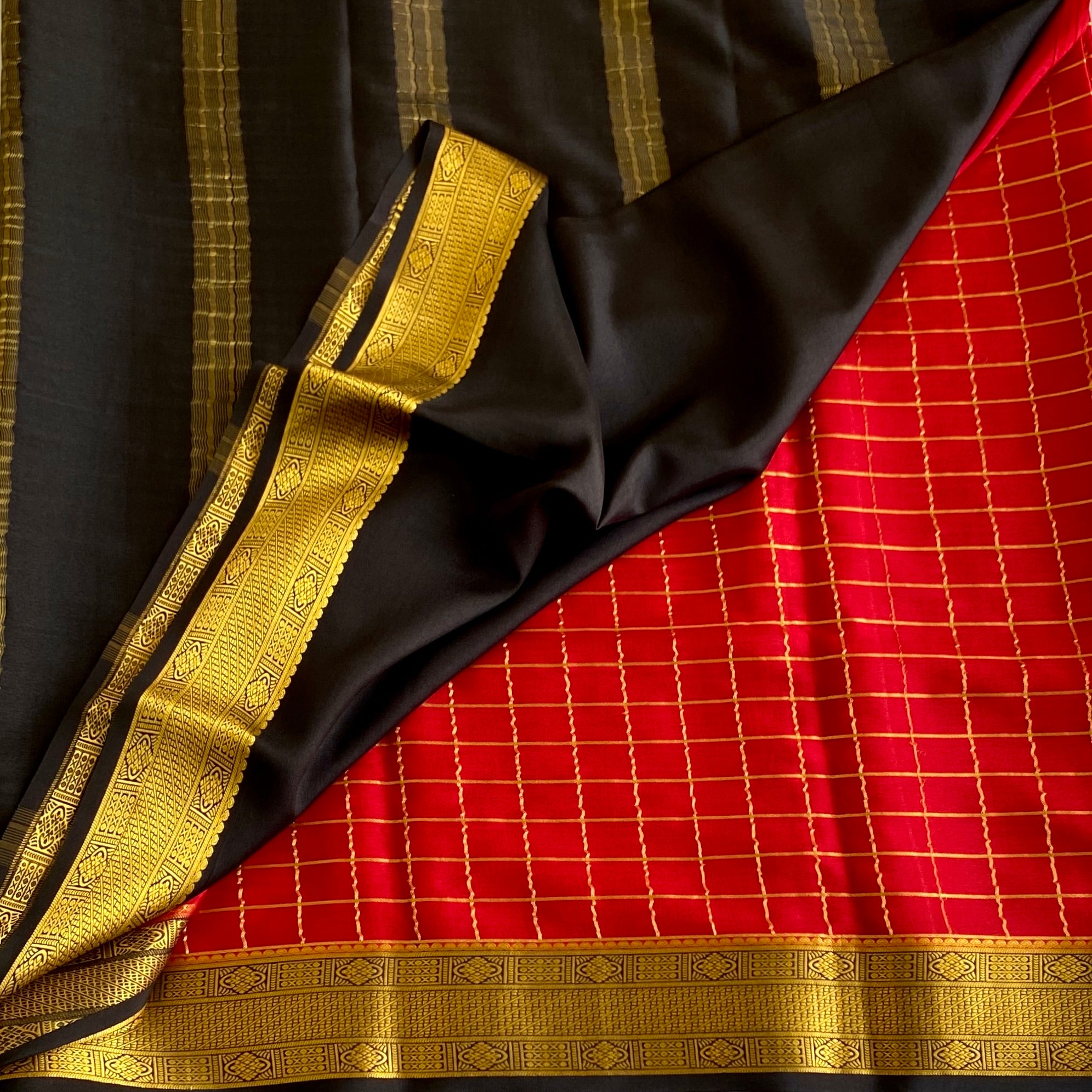 Scarlet Red Mysore Crepe Silk Saree With Metallic Gold Border