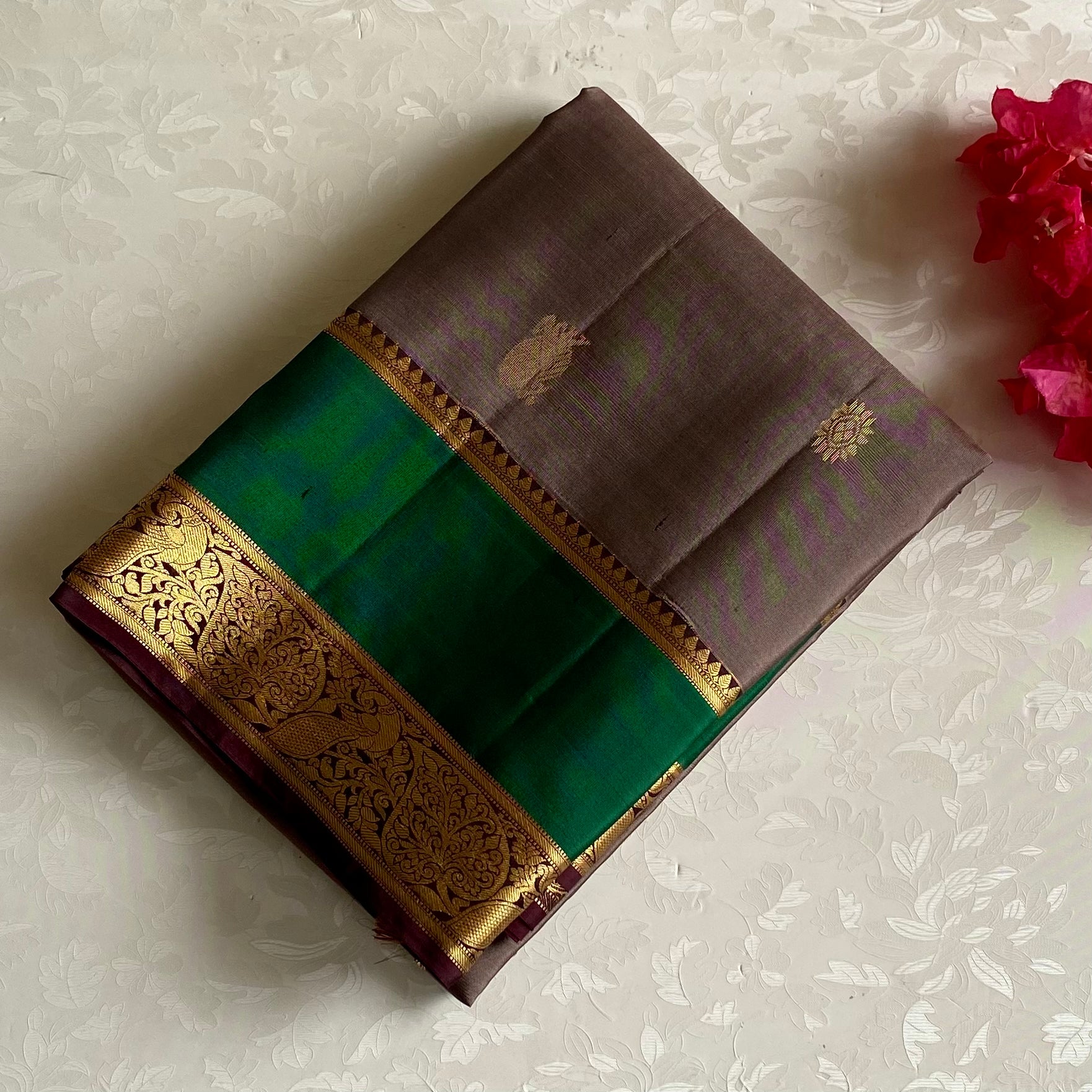 Taupe Designer Pure Silk Saree With Emerald Green And Deep Maroon Pallu