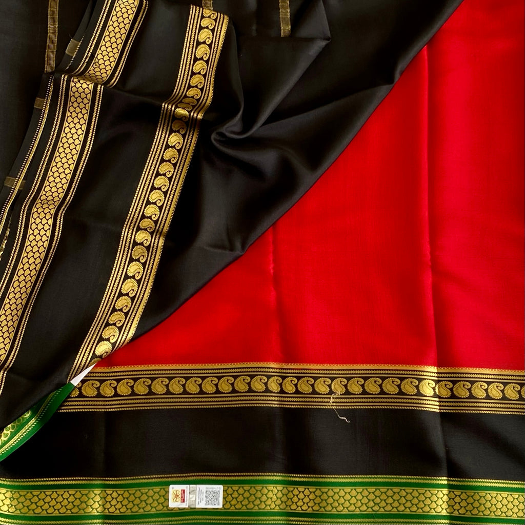 Scarlet Red Lightweight Mysore Crepe Silk Saree With Jet Black Border