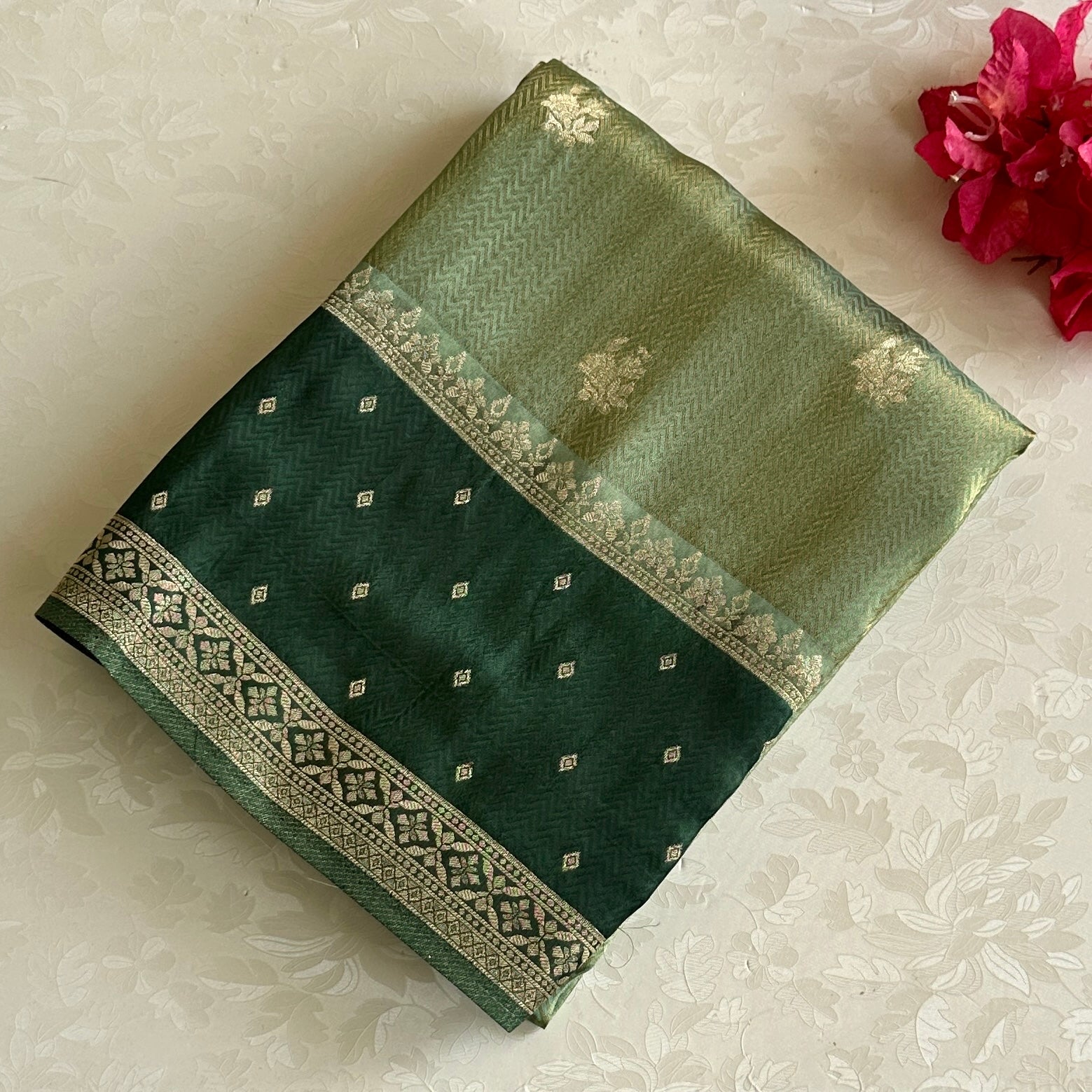 Shimmery Pista Green Soft Blended Silk With Bottle green Border