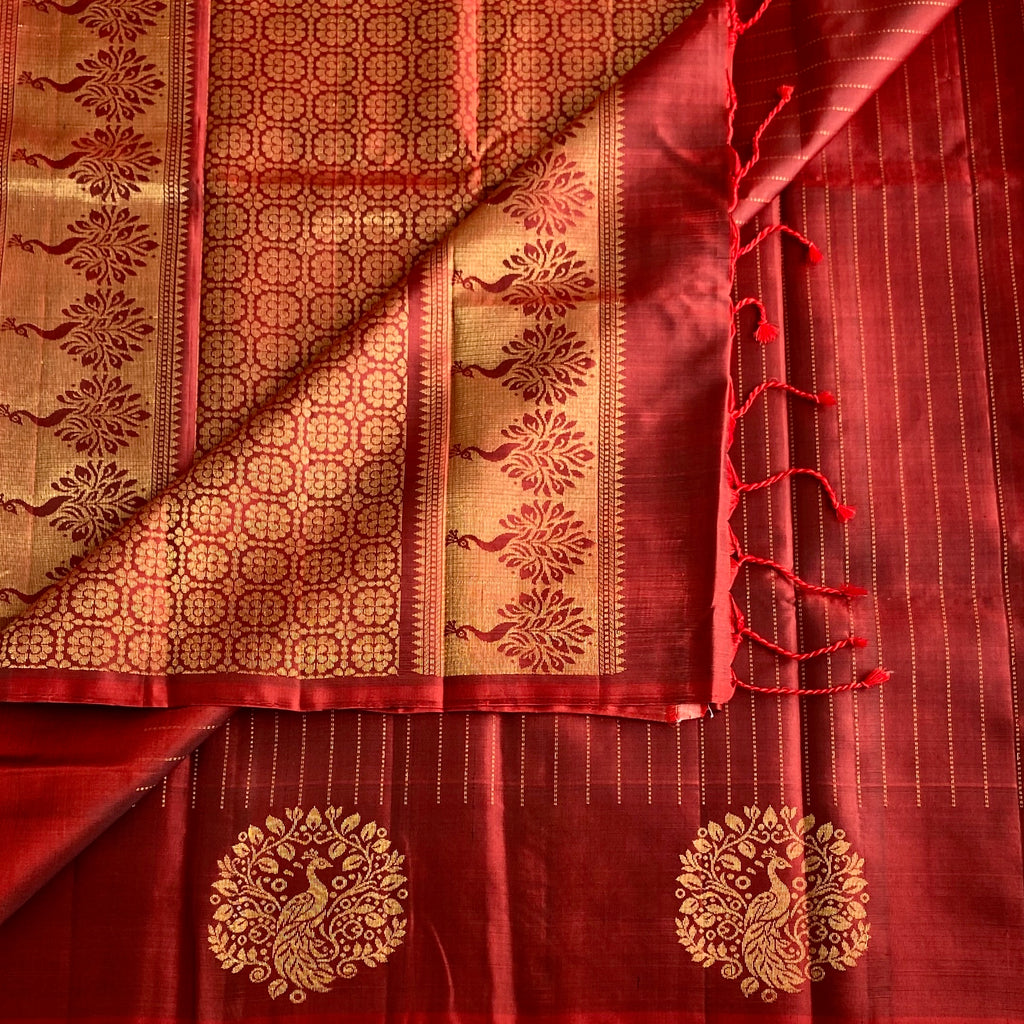 Deep Maroon Designer Pure Silk Saree With Antique Gold Brocade Border