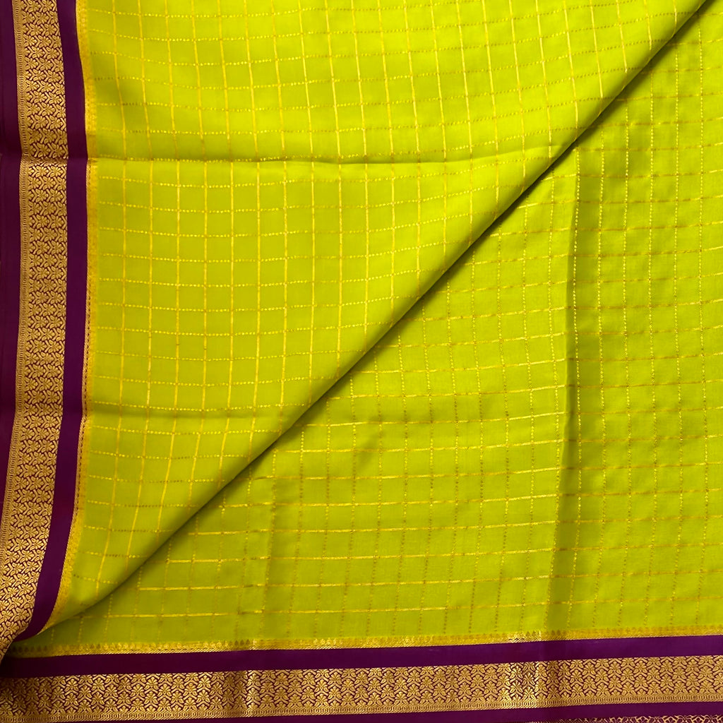 Chartreuse Green Pure Mysore Silk Saree with Purple Brocade Gold Checked Festive Saree