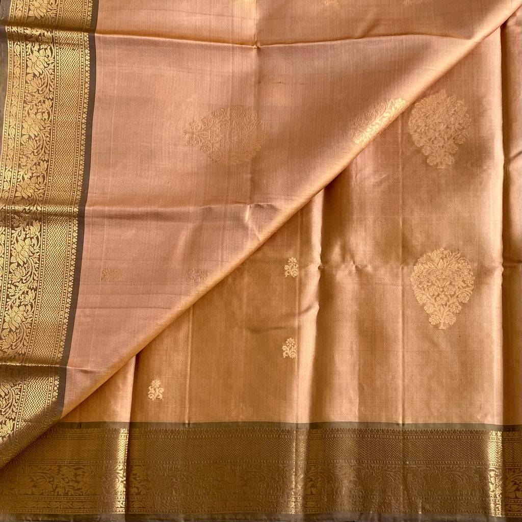 Rarest Peach Copper Designer Pure Silk Saree With Antique Bronze Pallu