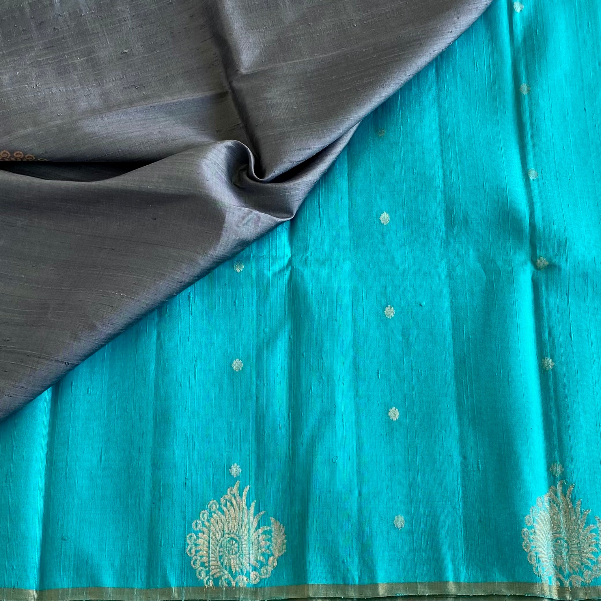 Dreamy Sea Blue Handwoven Pure Raw silk With Contrast Blouse