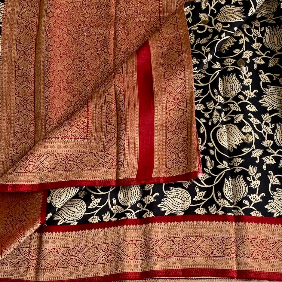 Jet Black Soft Tussar Silk Saree With Deep Maroon Pallu