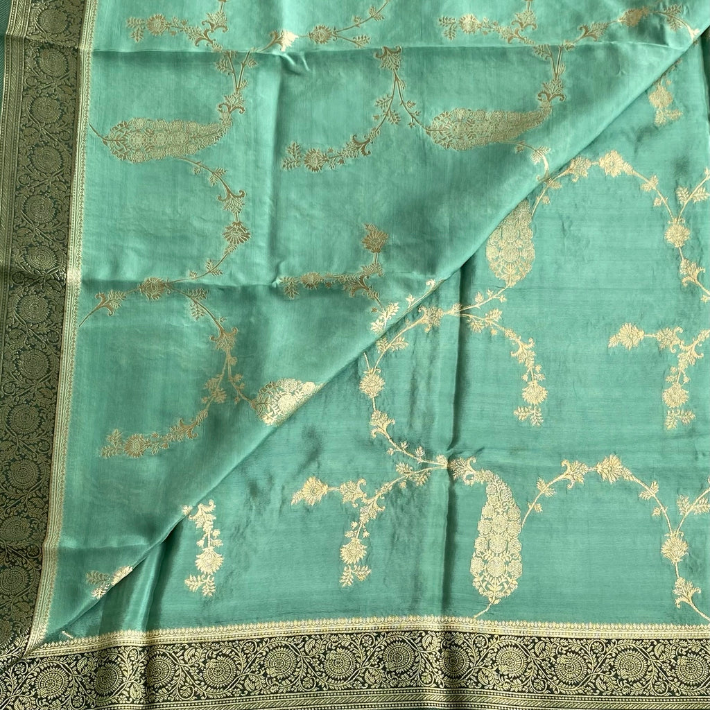 Teal Green Soft Tussar Silk Saree With Deep Emerald Green Pallu