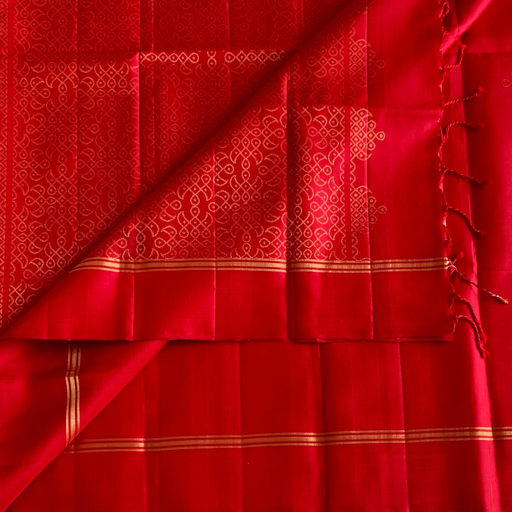 Scarlet Red Designer Pure Silk Saree With Kollam Zari Work