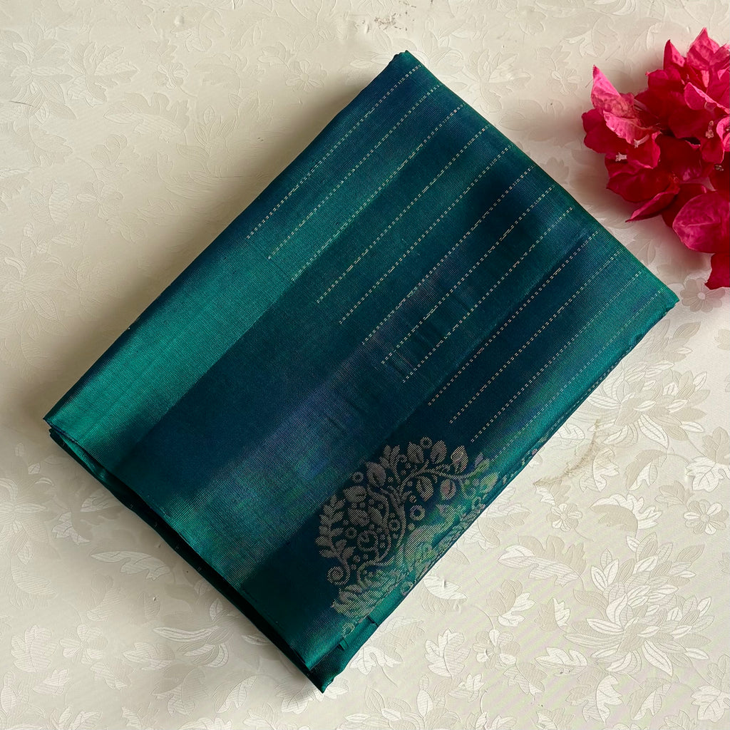 Teal Blue Designer Pure Silk Saree With Emerald Green Pallu