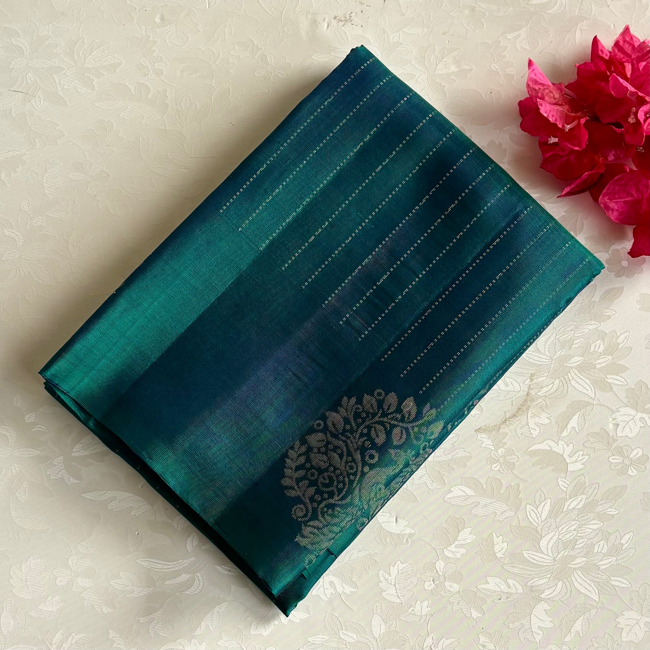 Teal Blue Designer Pure Silk Saree With Emerald Green Pallu