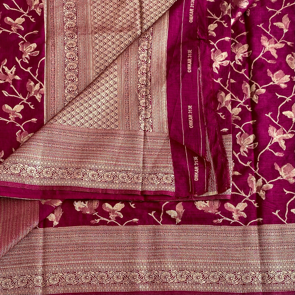 Claret Red Soft Tussar Silk Saree With Antique Gold Zari