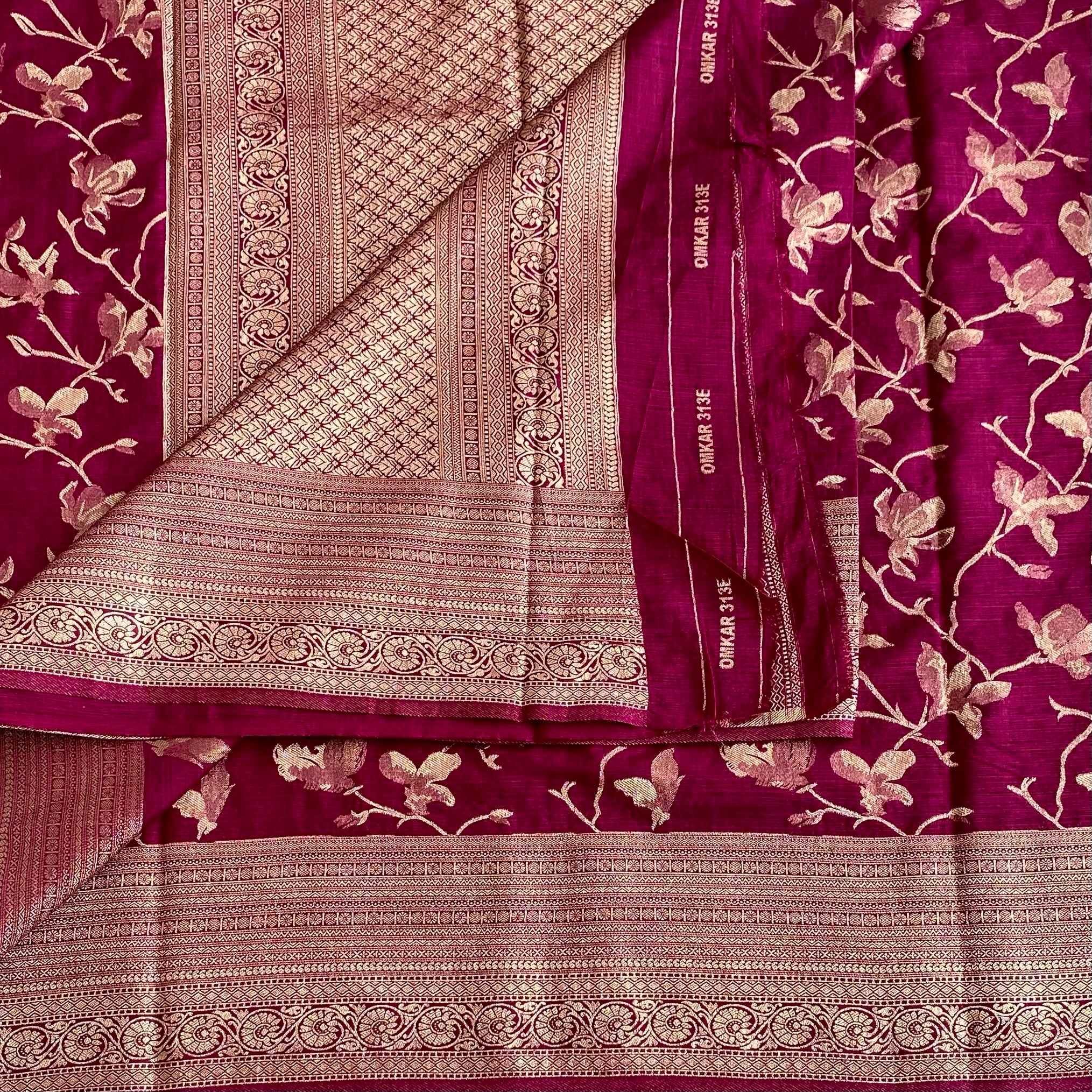 Claret Red Soft Tussar Silk Saree With Antique Gold Zari