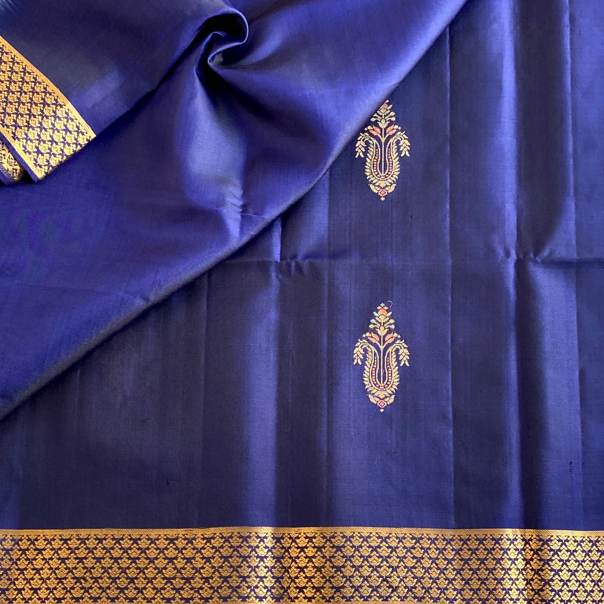 Midnight Blue Designer Pure Silk Saree With Antique Gold Pallu