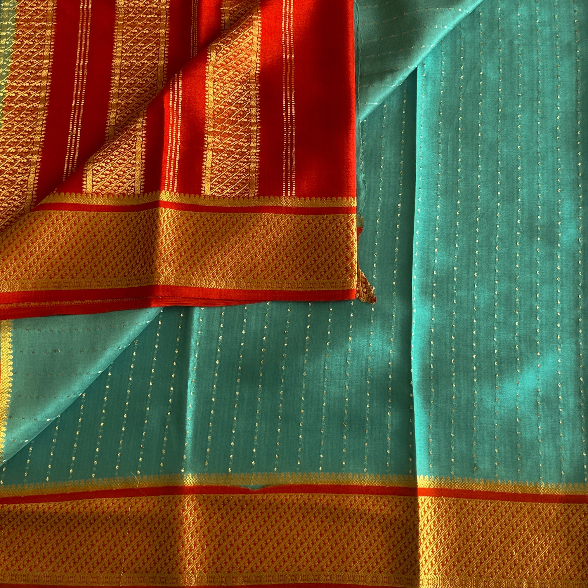 Turquoise Silk Saree Gold Dotted Stripes Vermilion Brocade Border Traditional
