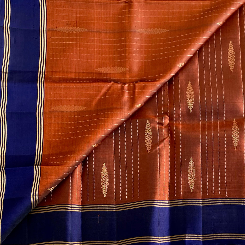 Copper Brown & Rich Navy Blue Designer Pure Silk Saree
