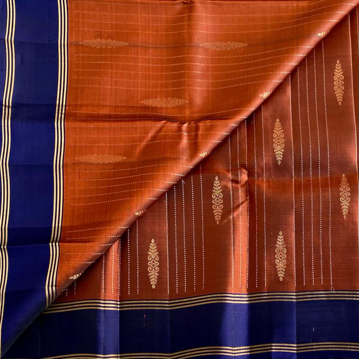 Copper Brown & Rich Navy Blue Designer Pure Silk Saree