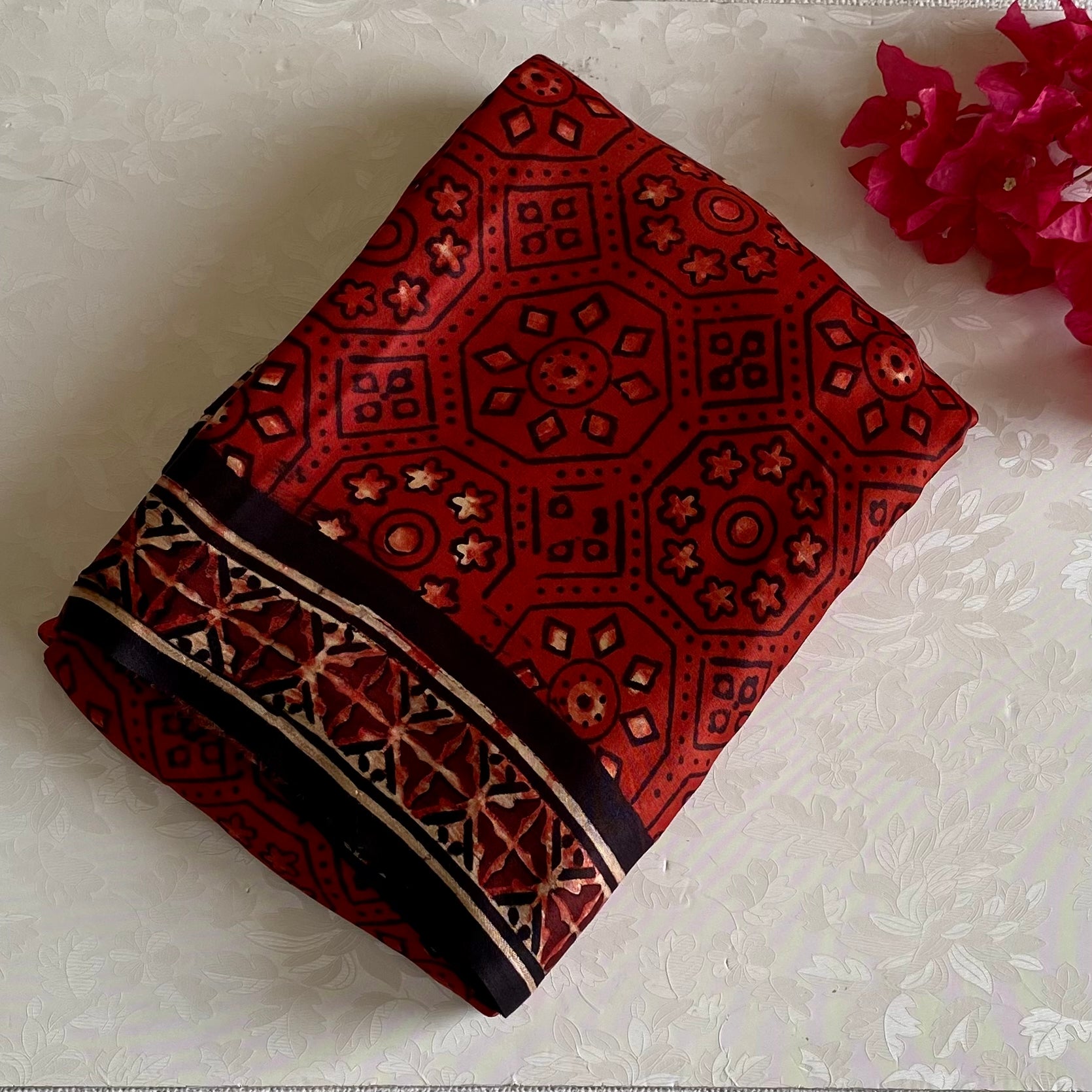 Rust Red Ajrak HandBlock Printed Silk With Jet Black Border Zari Pallu