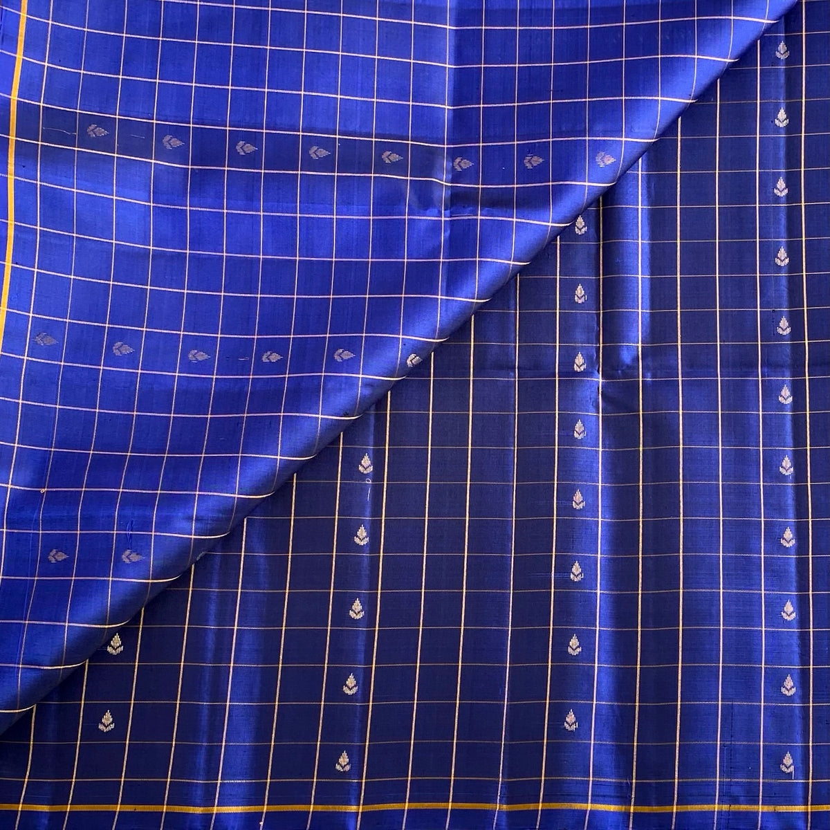 Classic Blue With Sunset Yellow Checkered Designer Pure Silk Saree