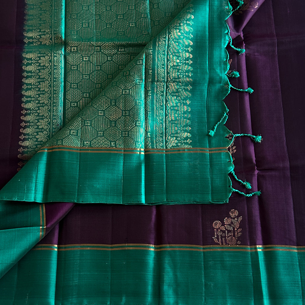 Teal Purple Silk Saree Gold Zari Hexagon Motif Wedding Attire