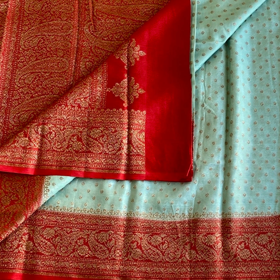 Sea Blue with Red Banarasi Soft Crepe Silk With Intricately Woven Pallu