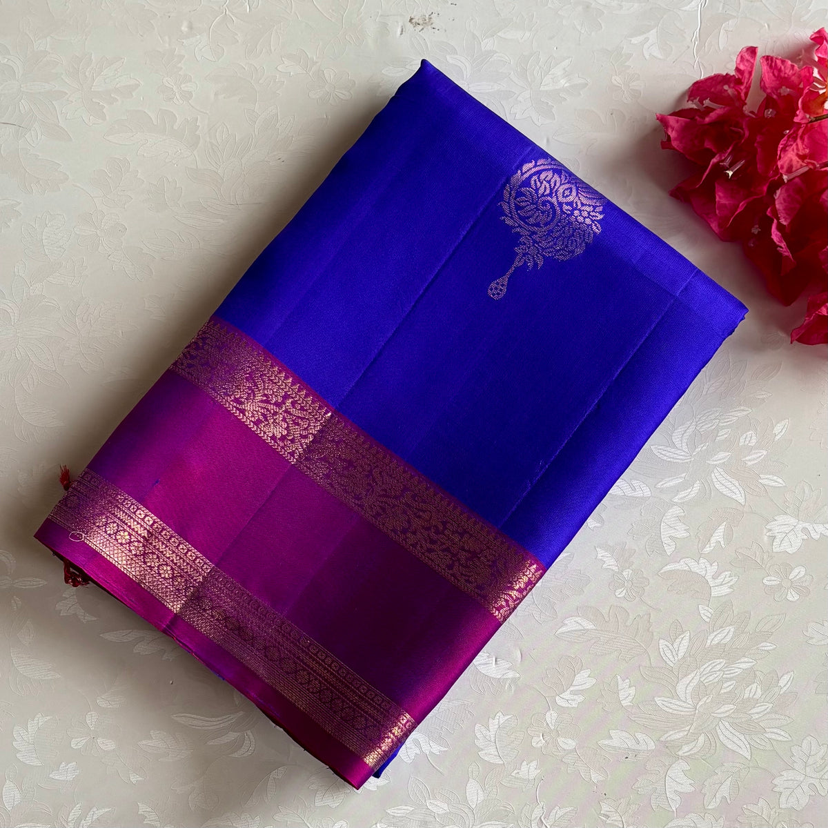 Ink Blue Designer Pure Silk Saree With Magenta Pallu