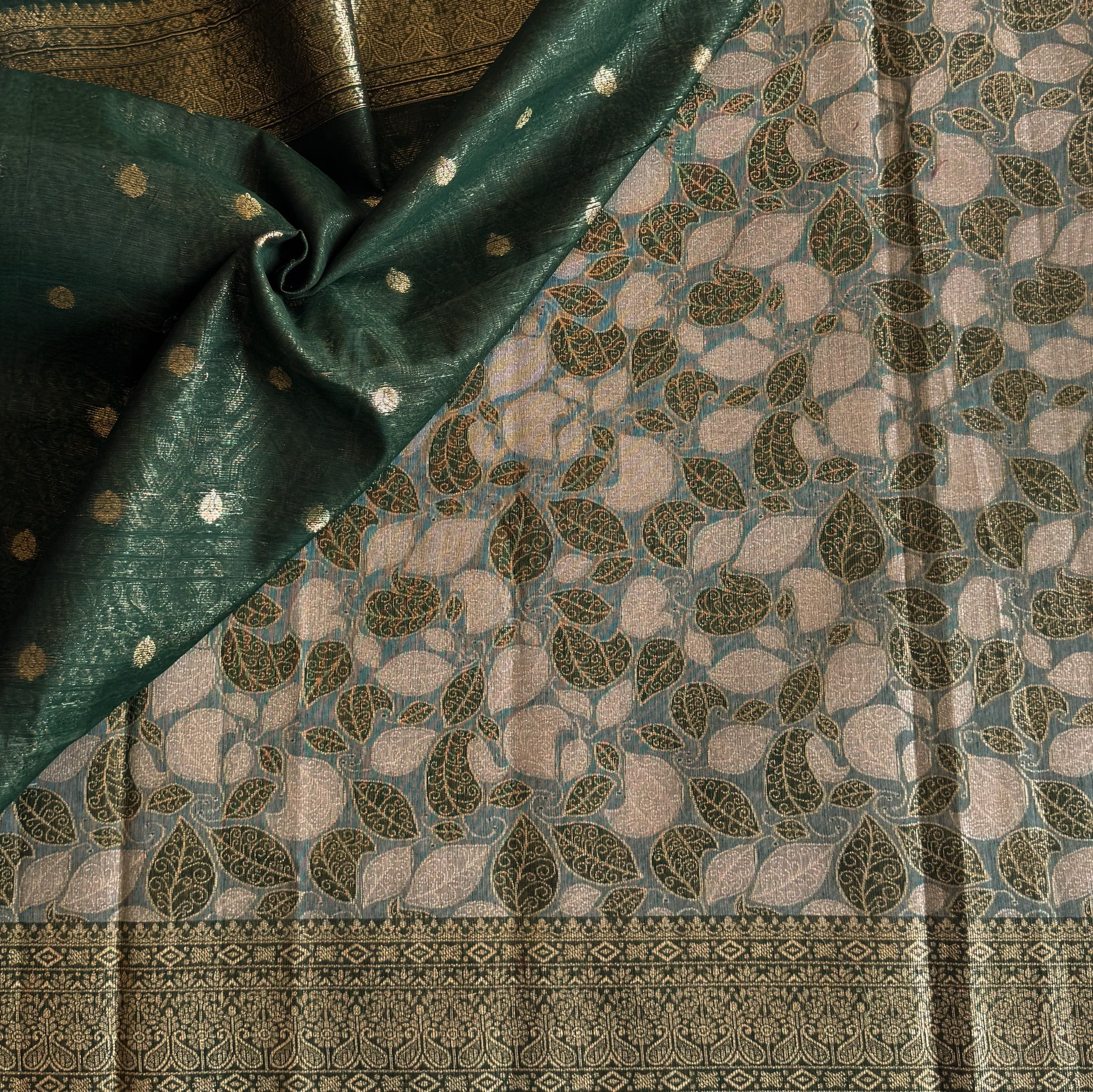 Emerald Green Gold Brocade Saree With Leaf Jacquard Pallu Tassels