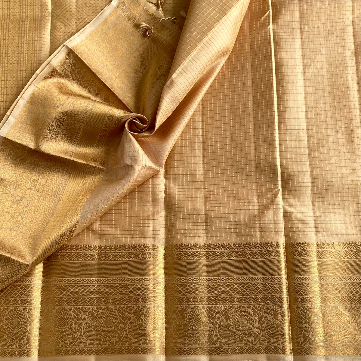 Micro Checkered Champagne Beige Designer Pure Silk Saree With Antique Gold Pallu