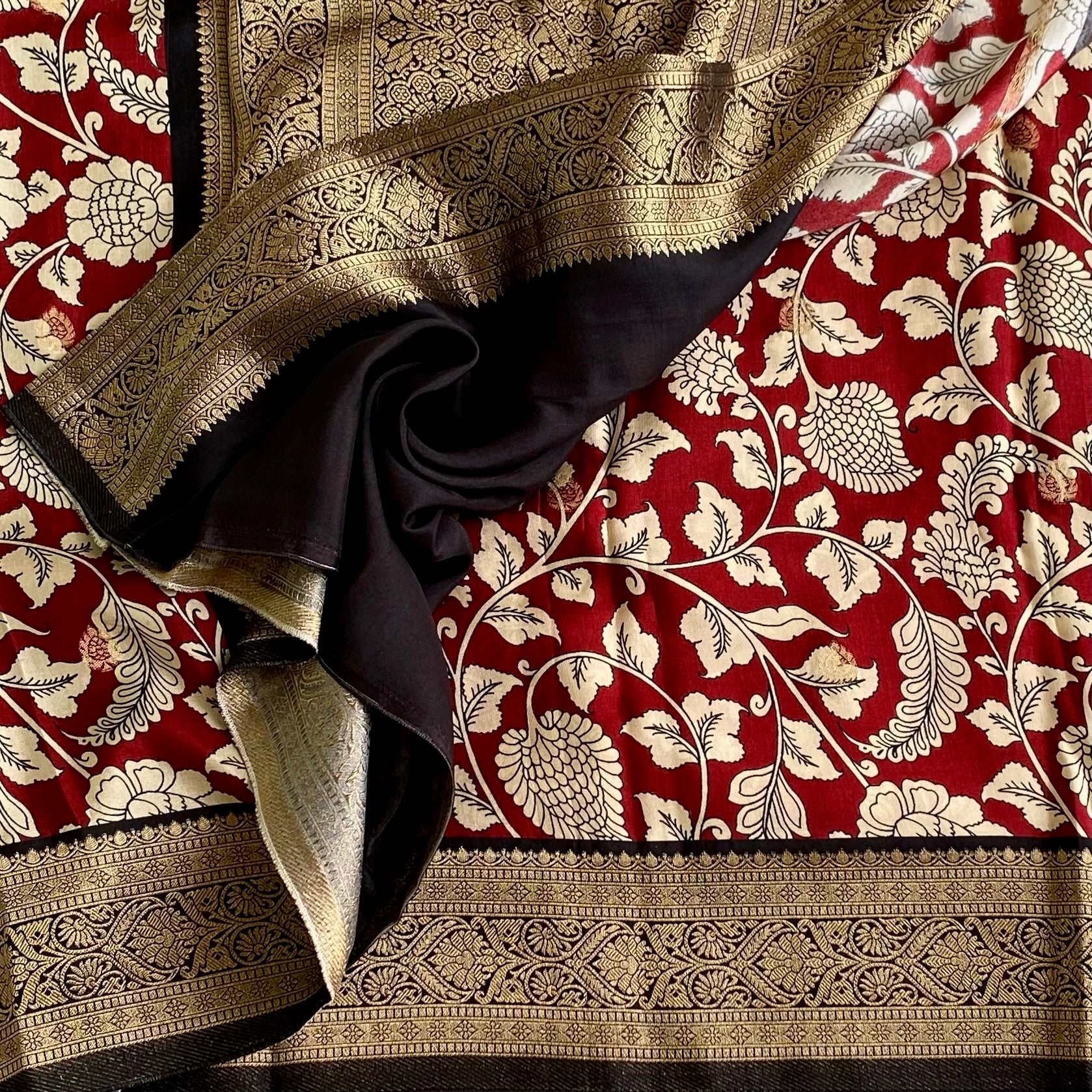 Maroon with Wine Black Kalamkari Designer Soft Tussar Silk