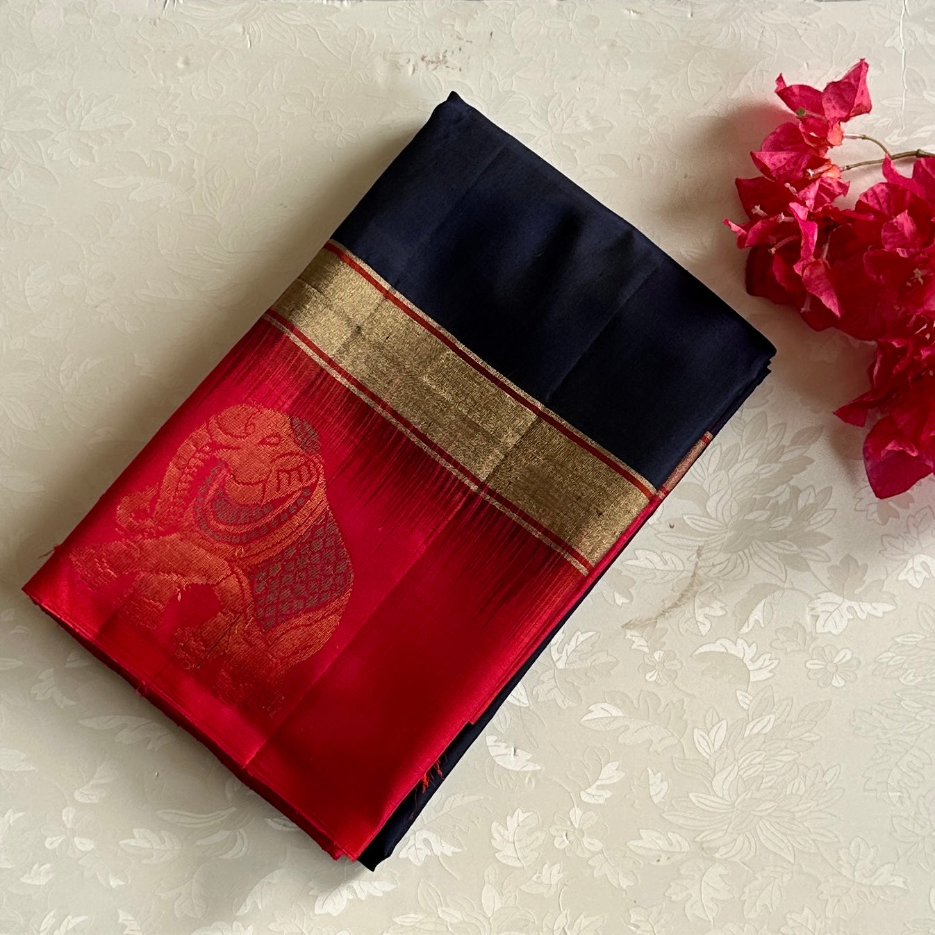 Midnight Navy Blue Designer Pure Silk With Pink Borders & Rich Pallu