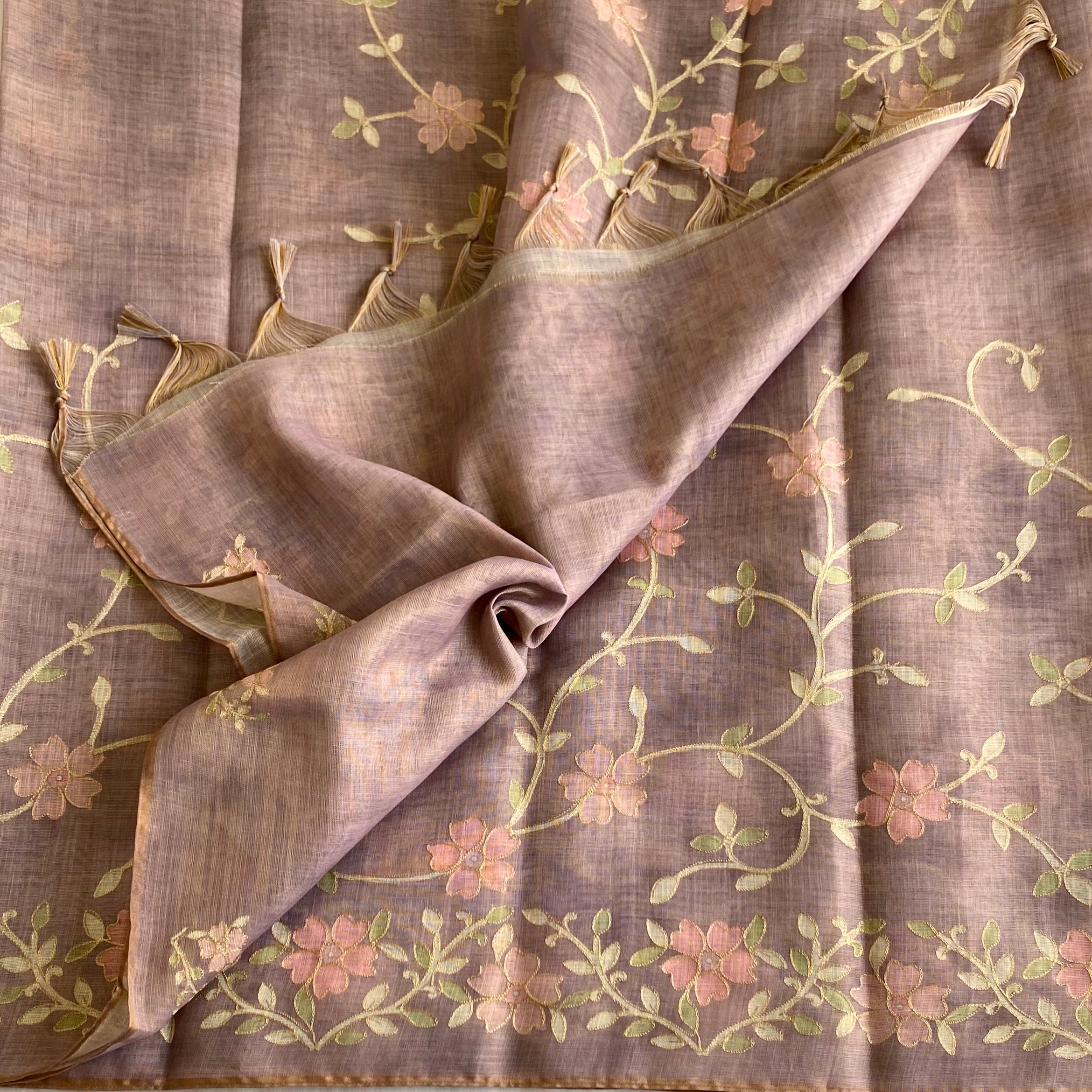 Light Lavender Floral Embroidered Saree with Gold Border Lightweight Elegant Occasion Wear