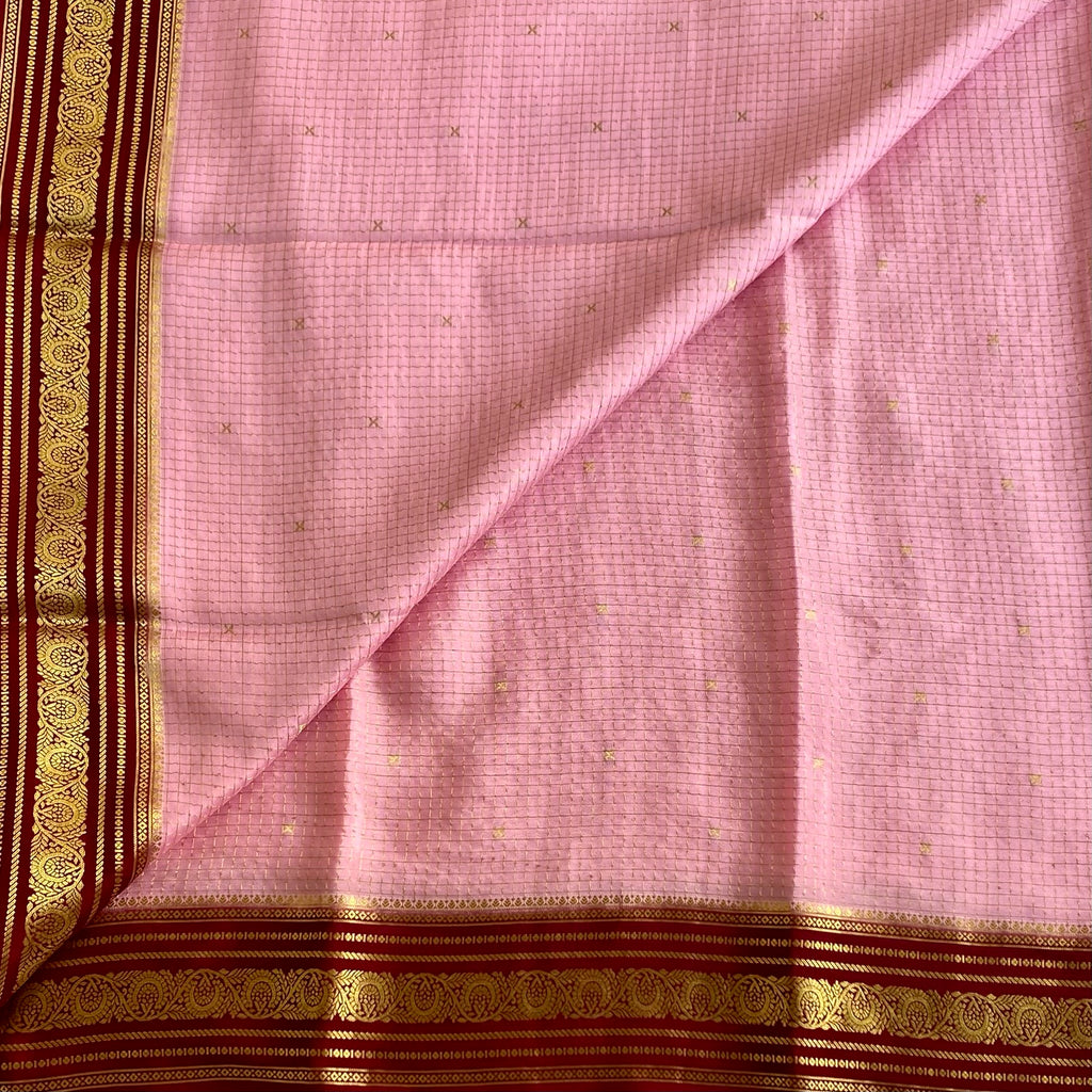 Blush Pink And Deep Maroon Mysore Crepe Silk Saree With Zari