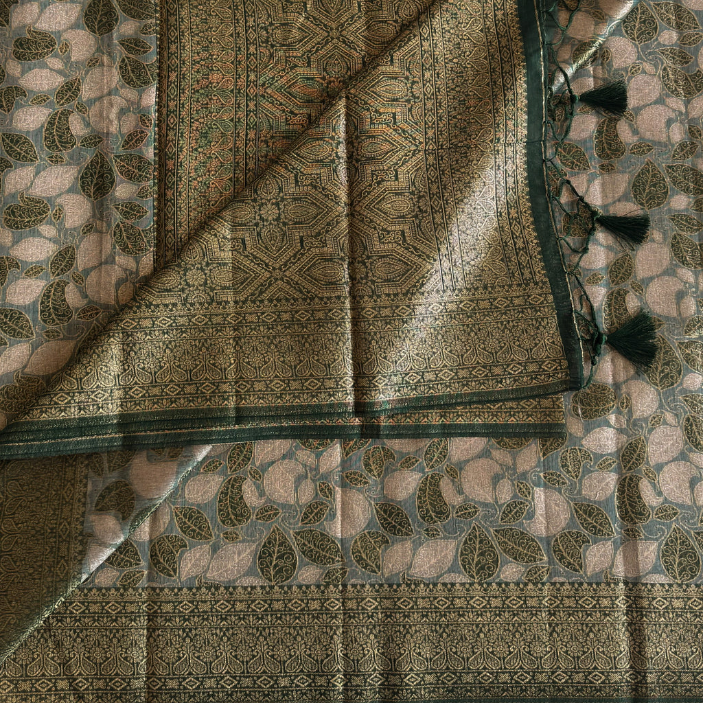 Emerald Green Gold Brocade Saree With Leaf Jacquard Pallu Tassels