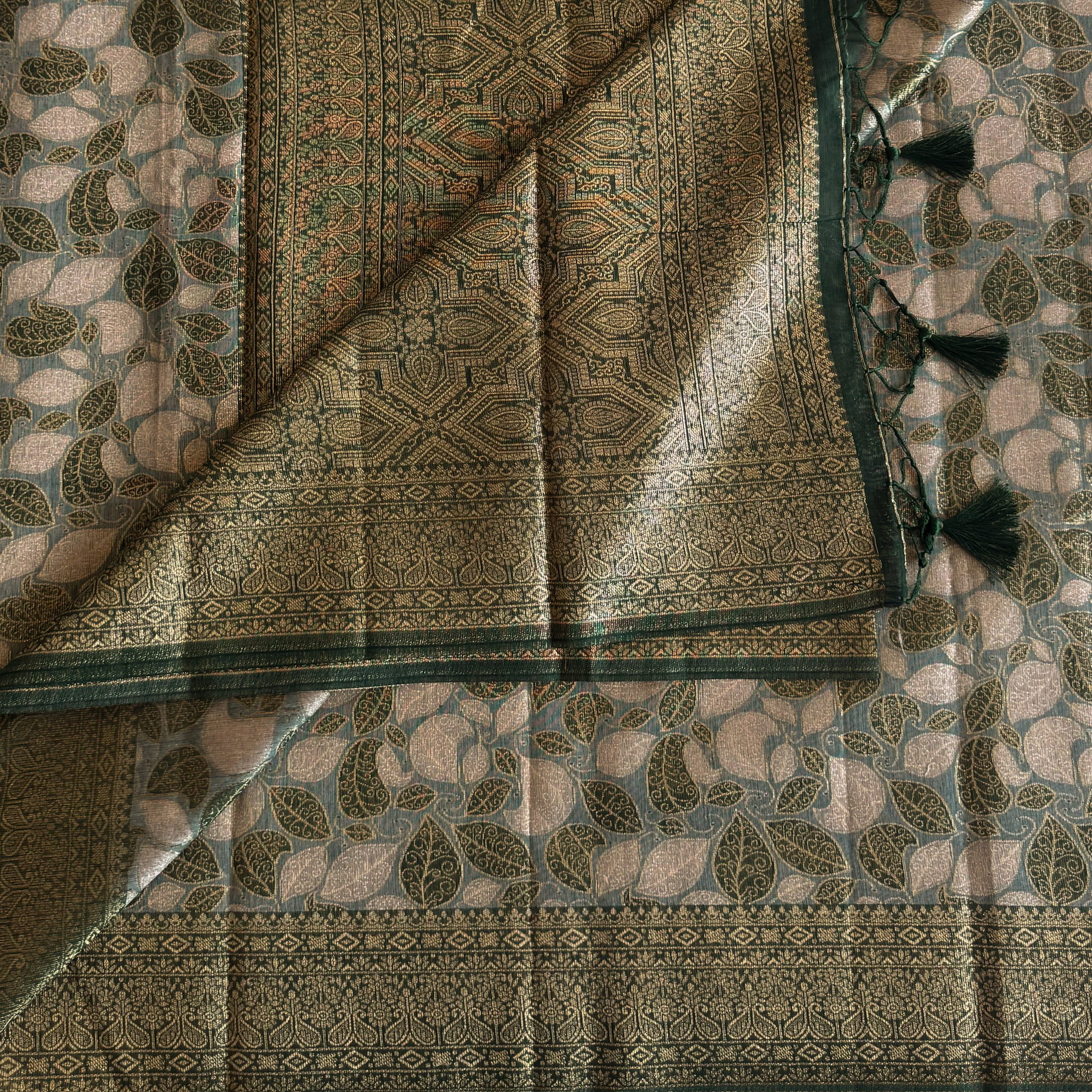Emerald Green Gold Brocade Saree With Leaf Jacquard Pallu Tassels