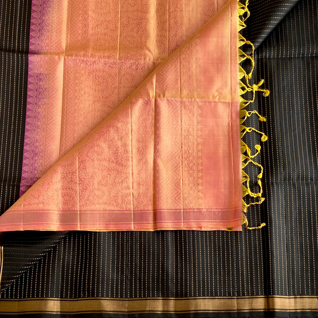 Jet Black Designer Pure Silk Saree With Peach Pink Pallu