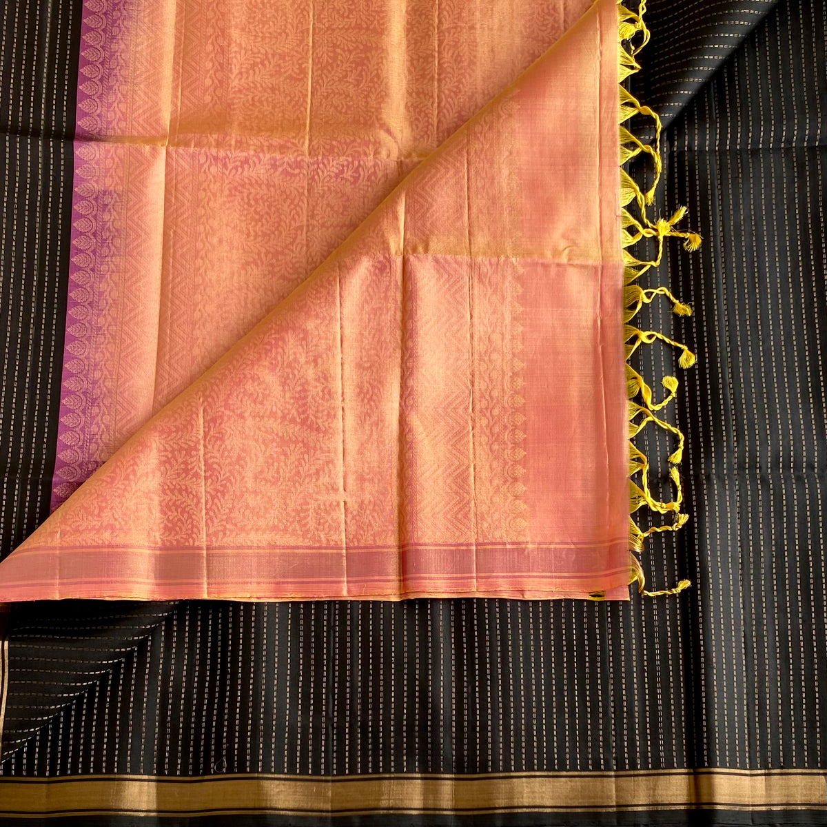Jet Black Designer Pure Silk Saree With Peach Pink Pallu