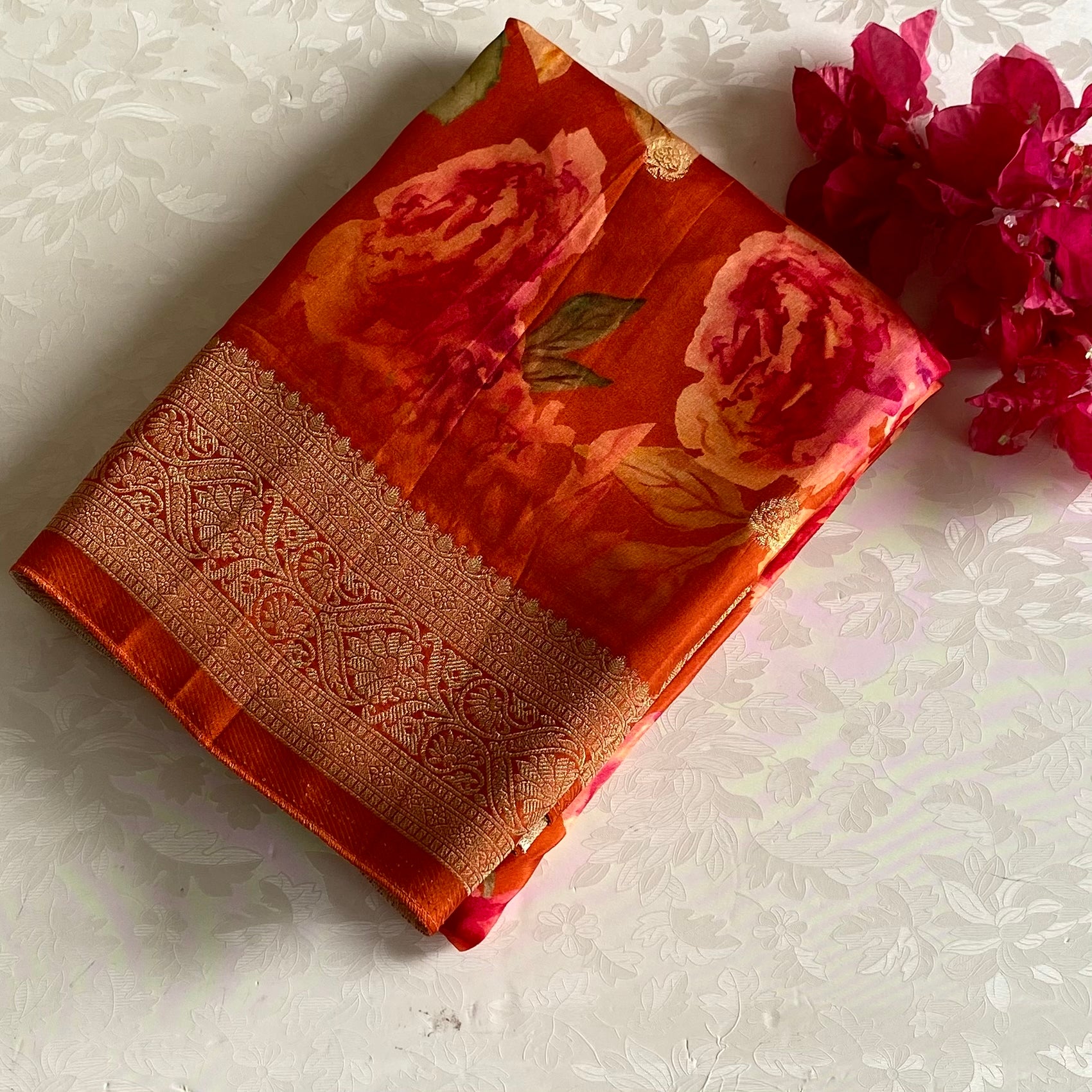 Burnt Orange Jute Tussar Silk With Antique Zari Pallu & Dreamy Prints