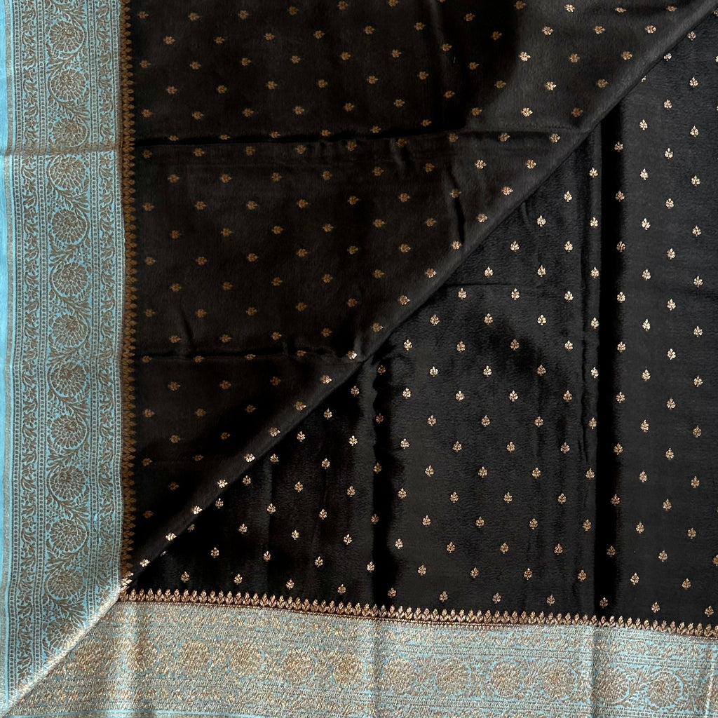 Elegant Jet Black Aqua Blue Brocade Saree Gold Buti Work