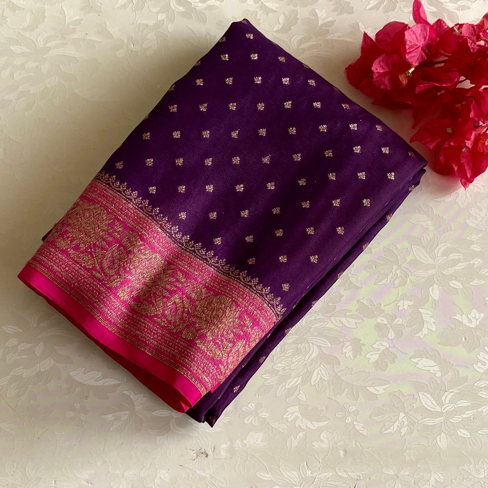 Deep Purple Banarasi Crepe Silk Saree With Fuchsia Pink Pallu