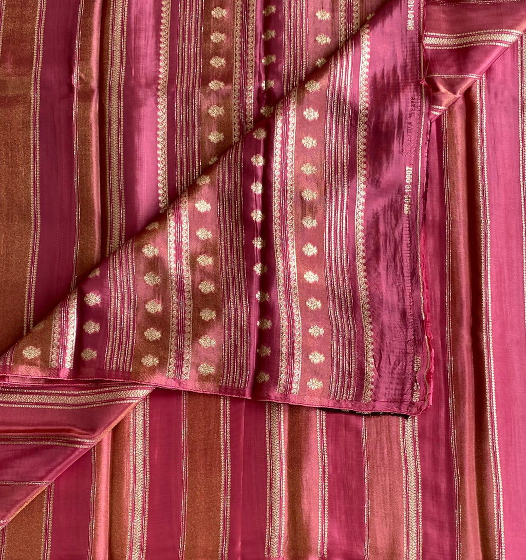 Shades of Rose pink designer blended soft silk with zari stripes and contrast brown stunner blouse