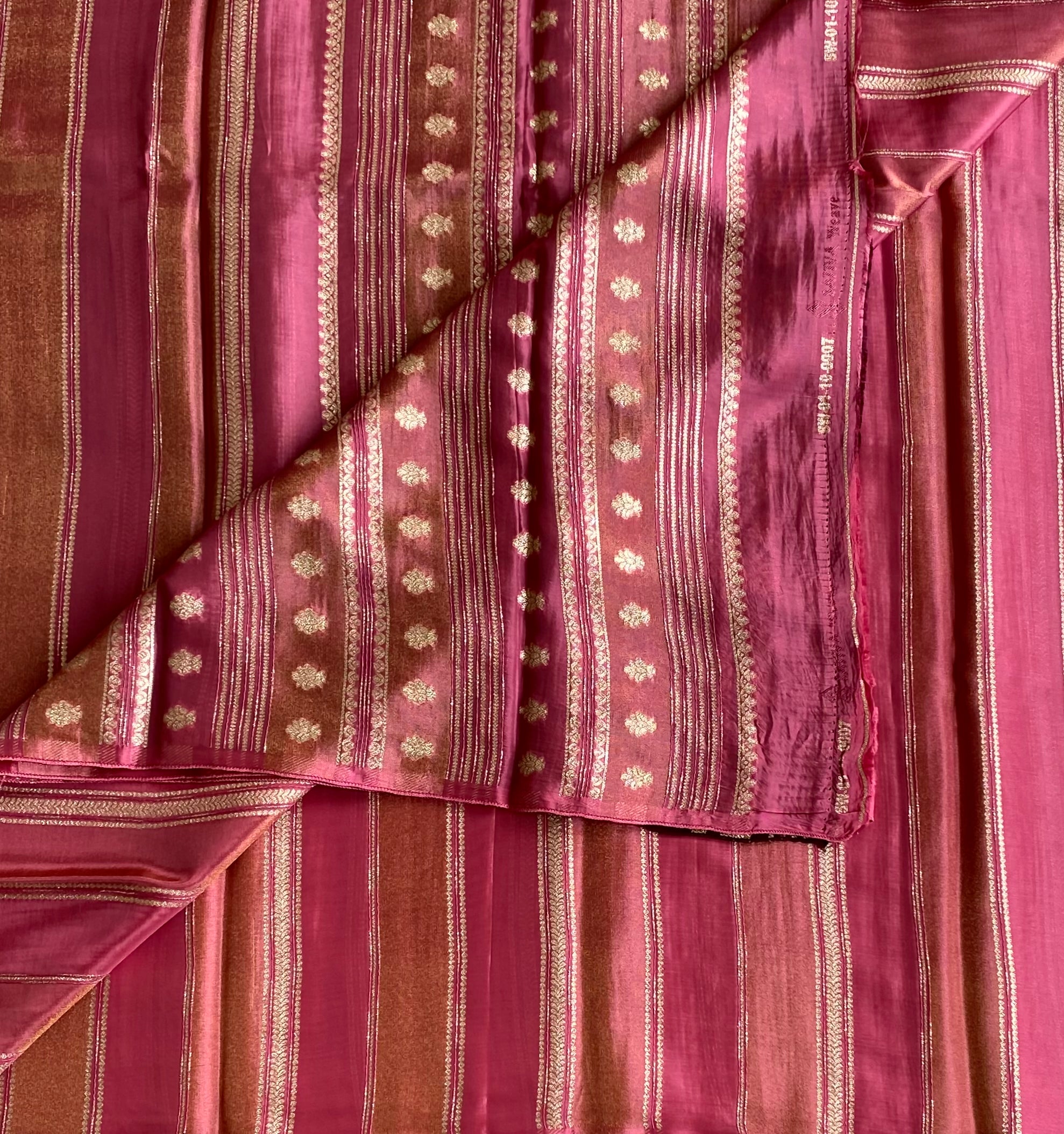 Shades of Rose pink designer blended soft silk with zari stripes and contrast brown stunner blouse