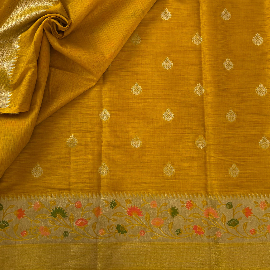 Mustard Gold Floral Woven Saree with Pallu and Tassels Traditional