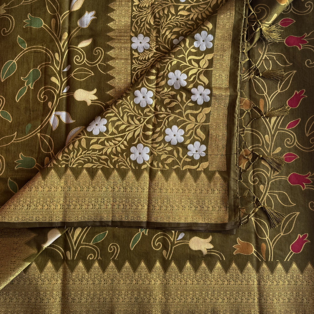 Olive Green Gold Zari Floral Saree With Tassel Pallu Traditional