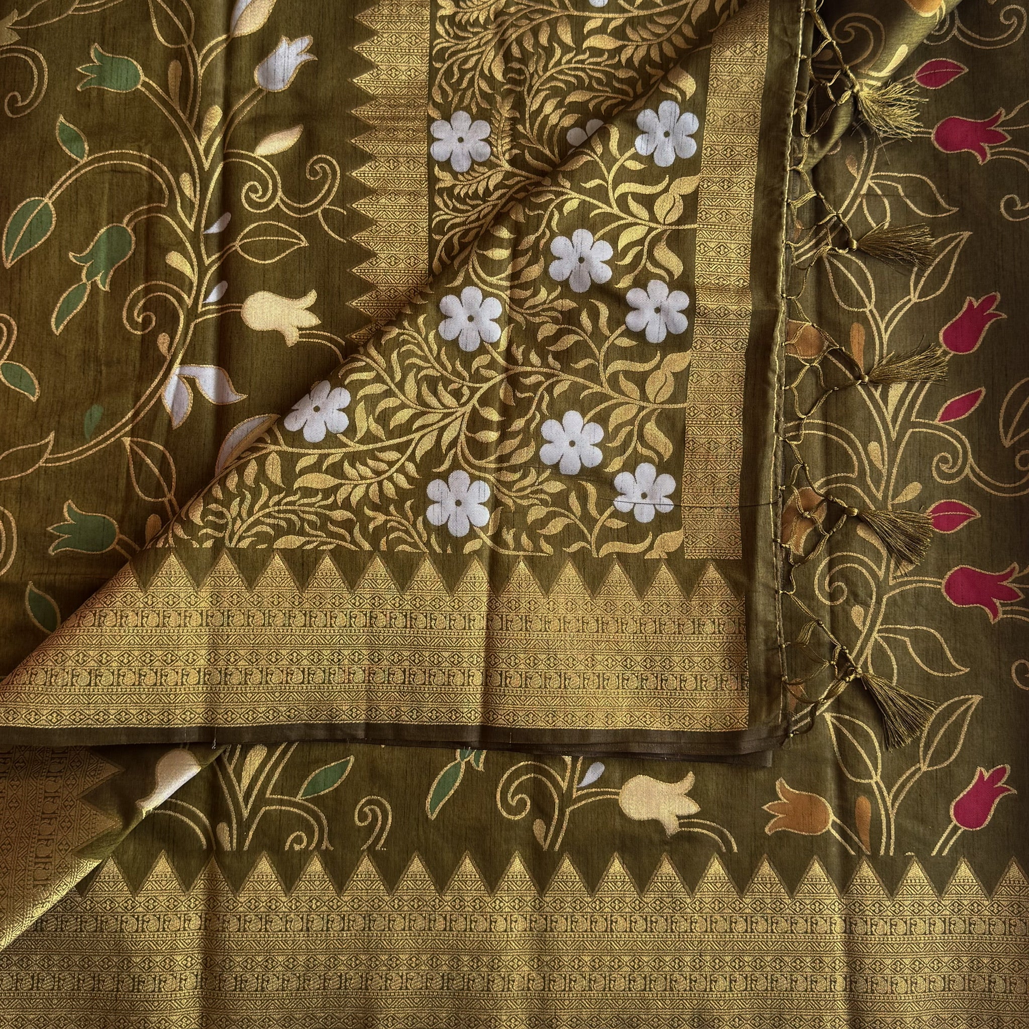 Olive Green Gold Zari Floral Saree With Tassel Pallu Traditional
