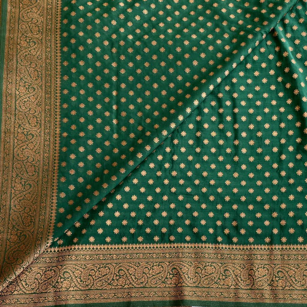 Emerald Green Soft Tussar Silk Saree With Antique Gold Brocade