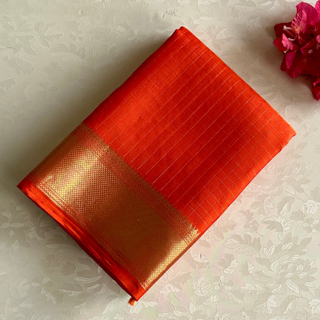 Saffron Orange Micro Checkered Designer Pure Silk with Gold Border