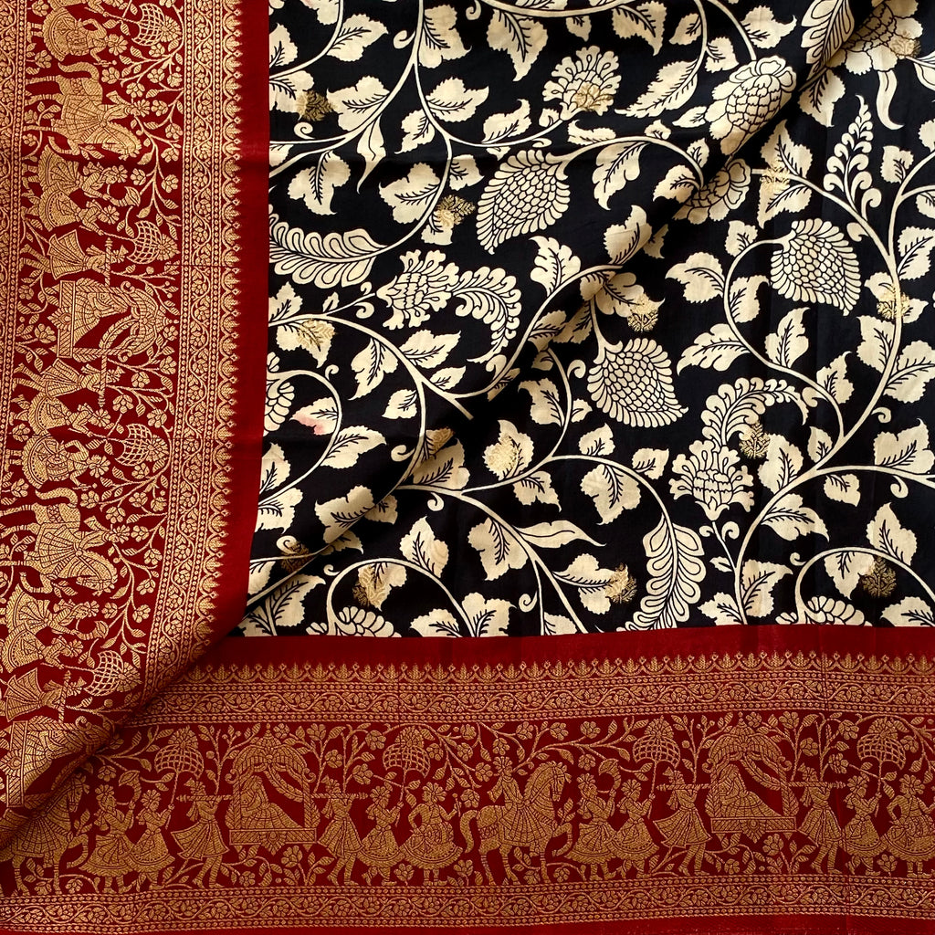 Stunning Black Kalamkari Premium Tussar Silk With Deep Reddish Maroon Pallu