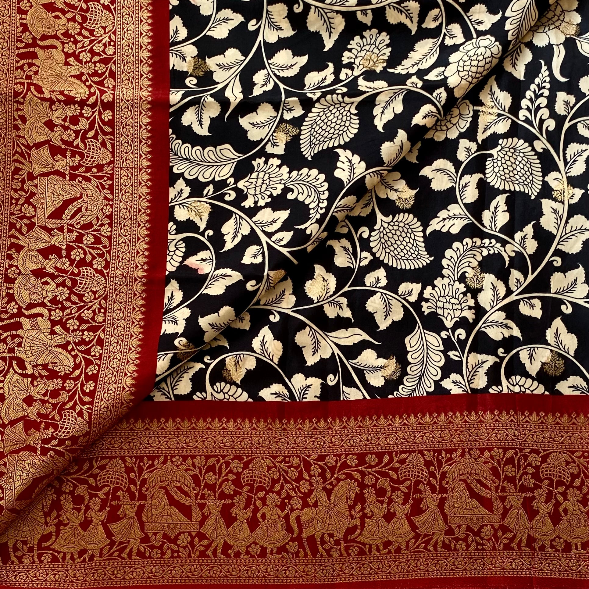 Stunning Black Kalamkari Premium Tussar Silk With Deep Reddish Maroon Pallu